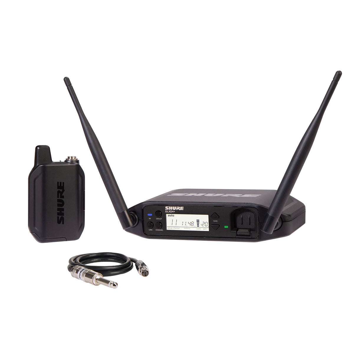 Sistema inalámbrico Shure GLXD14+ para guitarra y bajo, con batería de 12 horas y alcance de 30m. Incluye cable de instrumento y receptor de canal único.