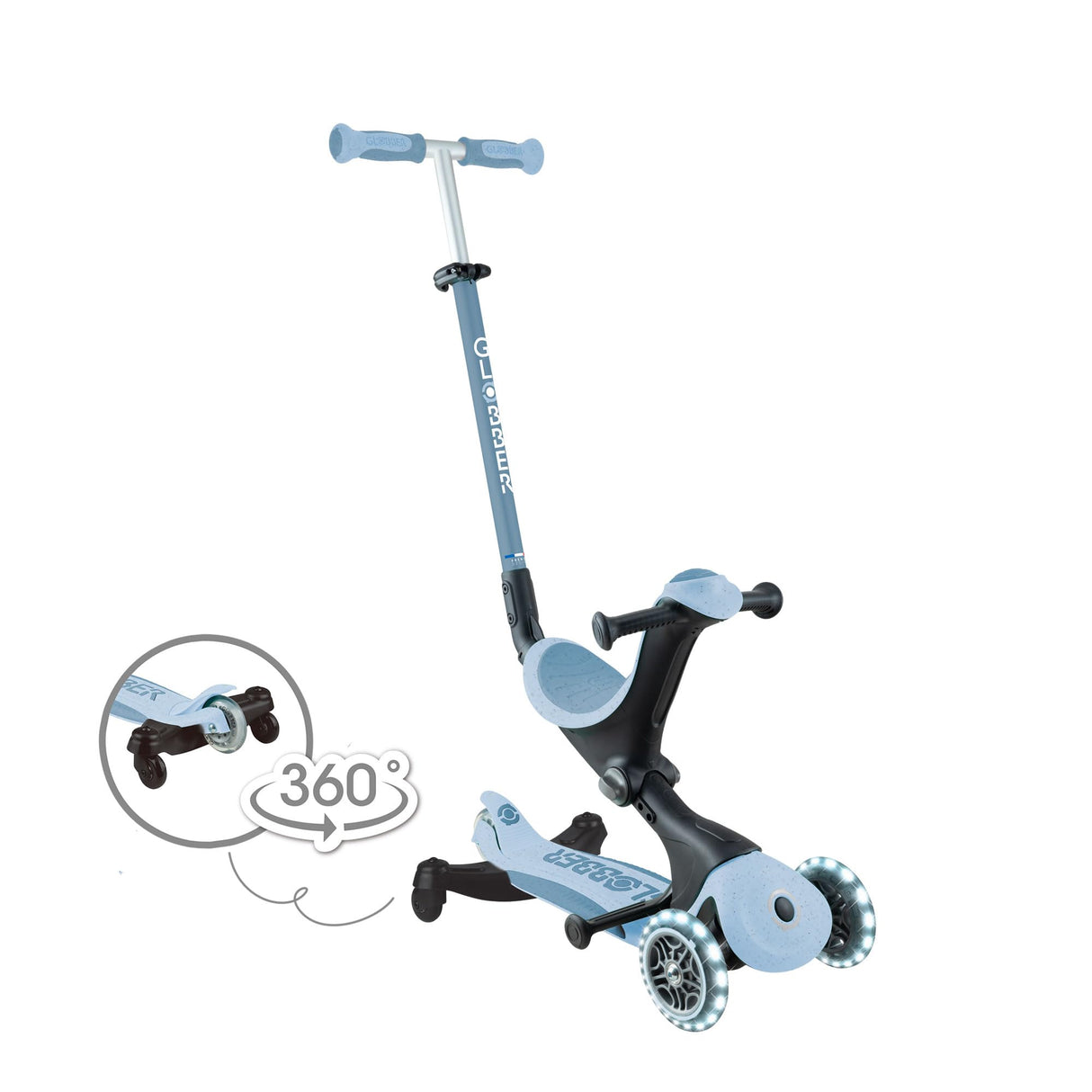 Globber - GO•UP Deluxe Lights Eco 360 - Patinete evolutivo de 3 Ruedas con Asiento Giratorio 360°, reposapiés, Luces LED y Materiales sostenibles, de 15 Meses a 6 años - arándano