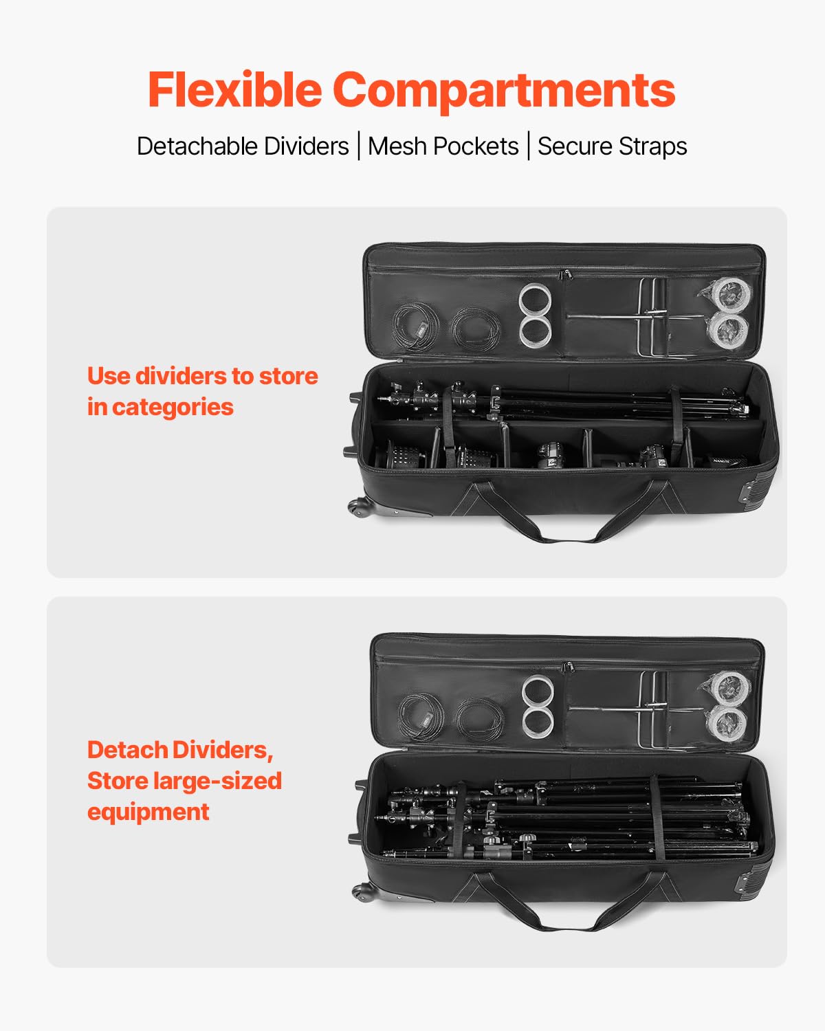 VEVOR Estuche con Ruedas para Equipo de Estudio 118 x 37 x 30 cm, Bolsa con Ruedas para Cámara, Correas, Asa Acolchada en el Compartimento para Soportes de Iluminación, Trípodes y Telescopios, Negro