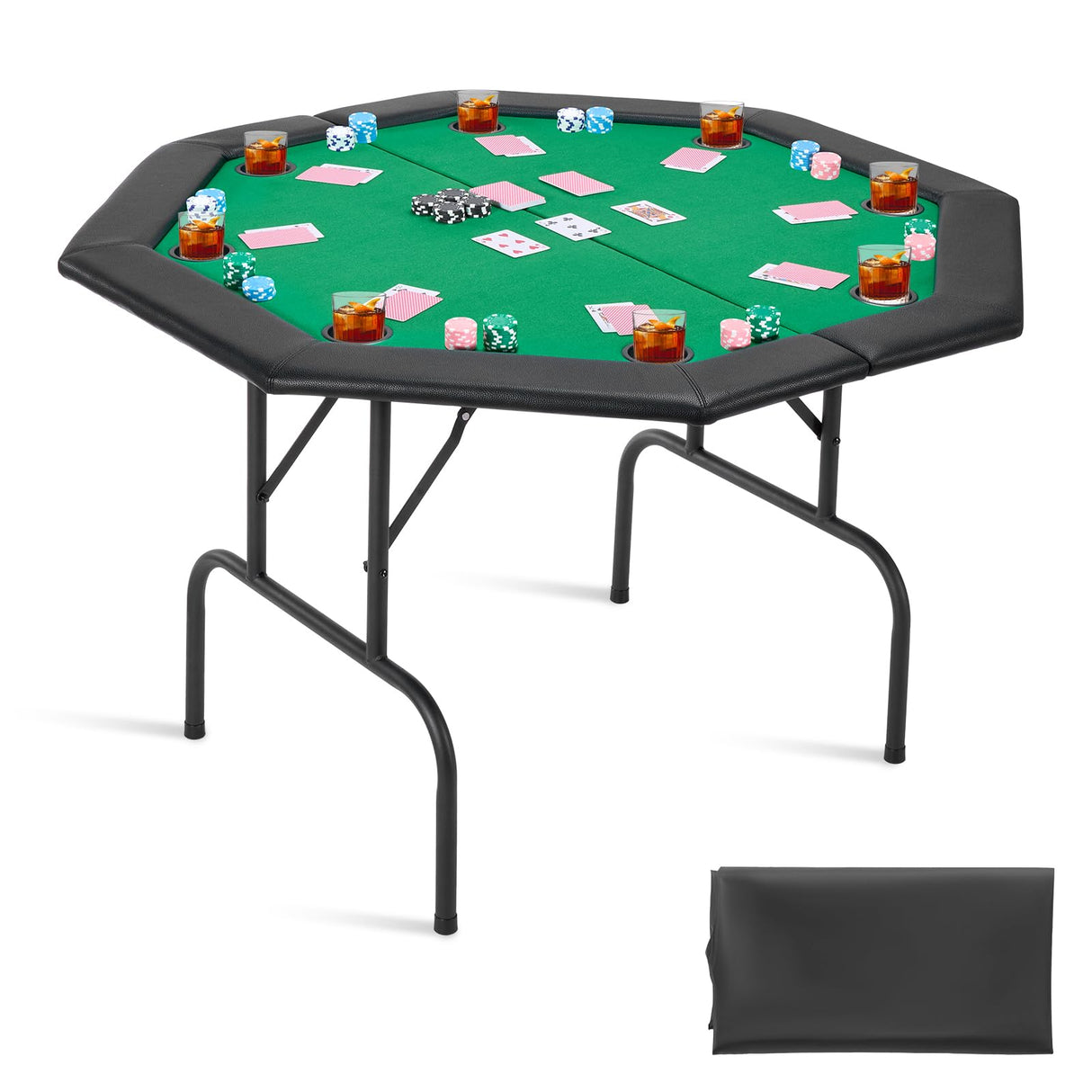 VEVOR Mesa de Póker Plegable, Mesa de Casino Plegable para Ocho Jugadores con Rieles Acolchados y Portavasos, con Patas de Fieltro y Metal, para Texas Hold'em y Blackjack, 1260 x 1260 x 750 mm