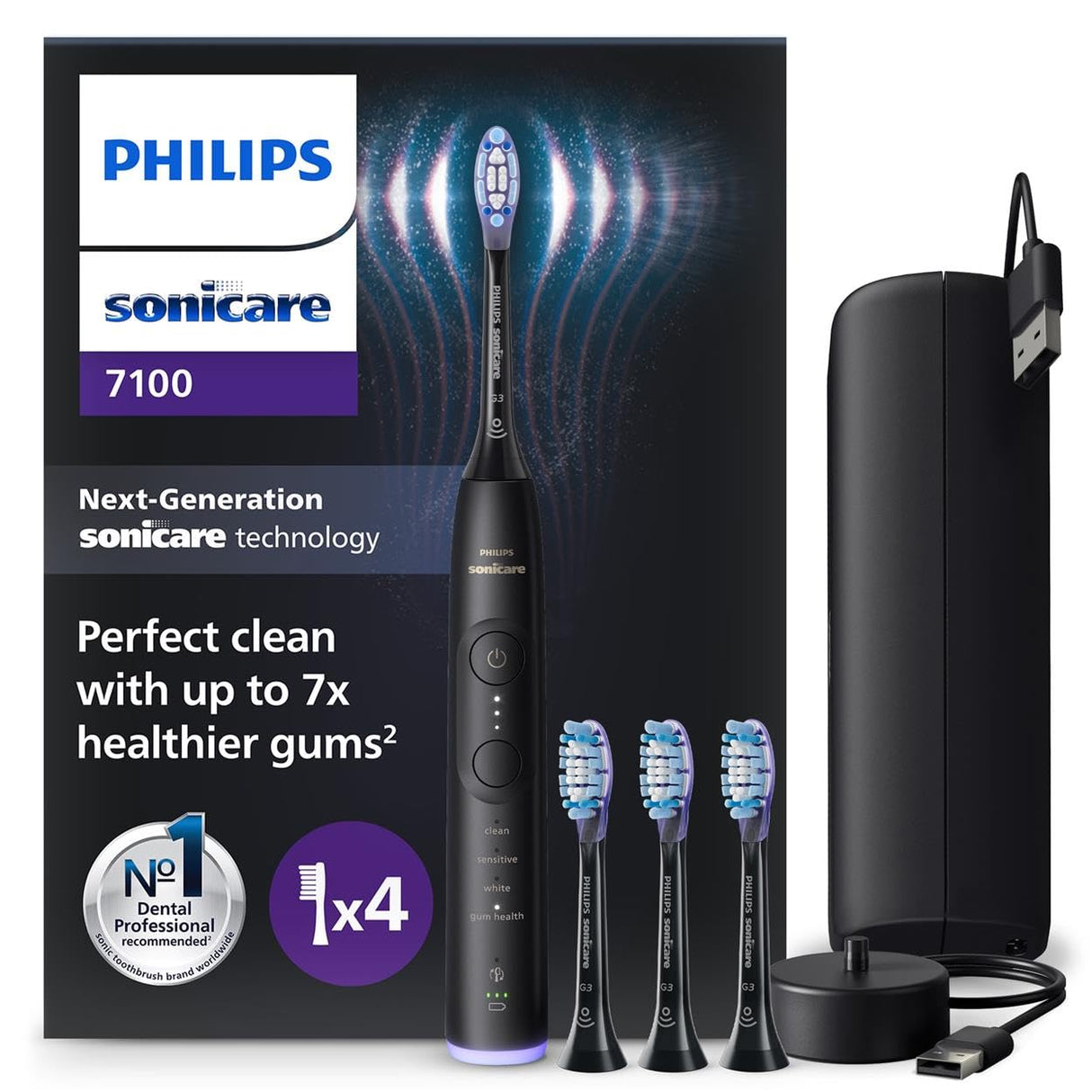 Philips Sonicare 7100 cepillo dental eléctrico, sónico con 4 modos de cepillado y 3 niveles de intensidad, alerta de presión, EasyStart, SmarTimer, negro, HX7421/08 [Nueva Tecnología]