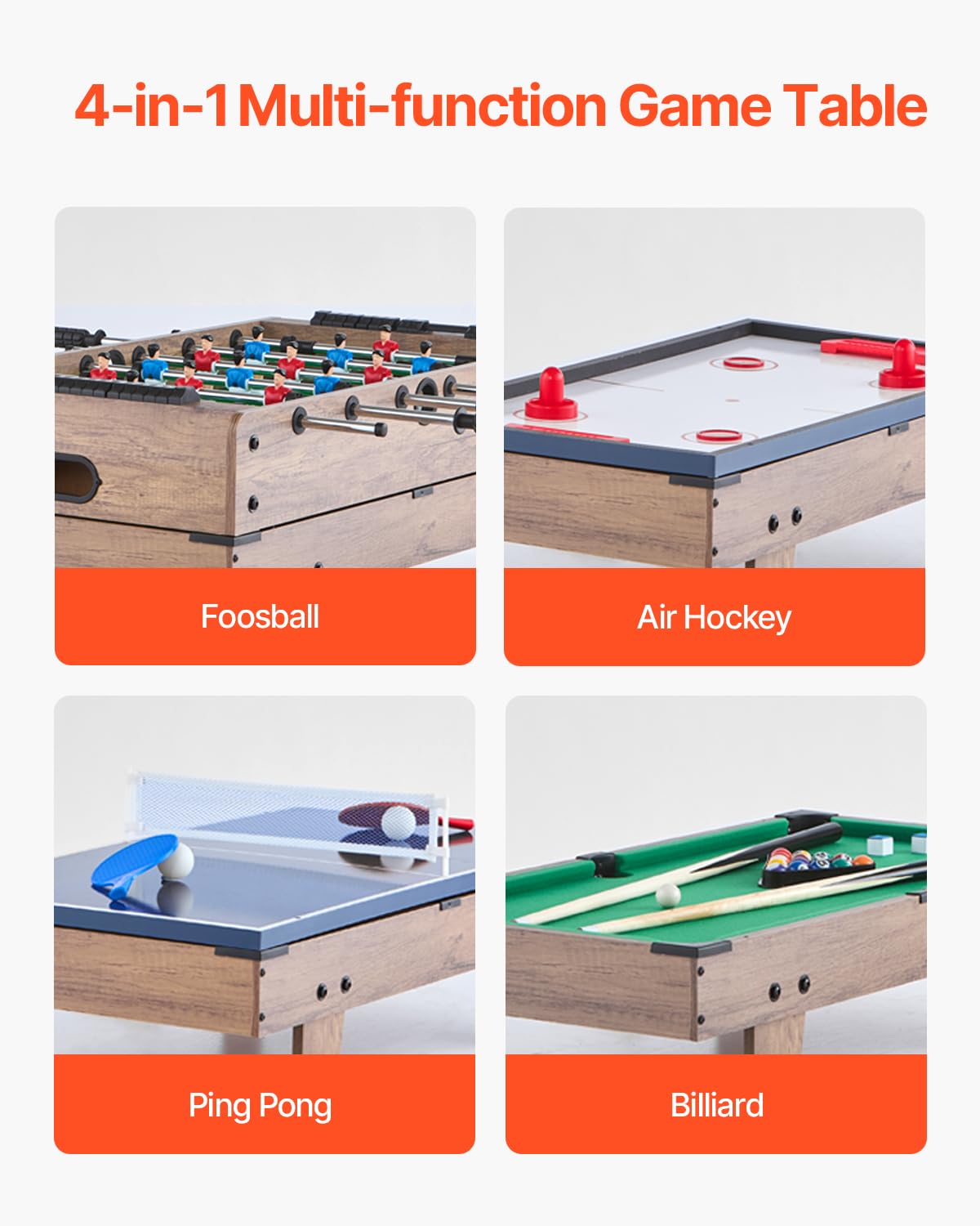 VEVOR Mesa de Juego Combinada 4 en 1 de Hockey de Aire de 82 cm, con Billar, Hockey, Futbolín, Ping Pong, Empujadores y Discos, Mesa de Juegos Deportivos a Niños, Sala de Juegos Familiar, Oficina