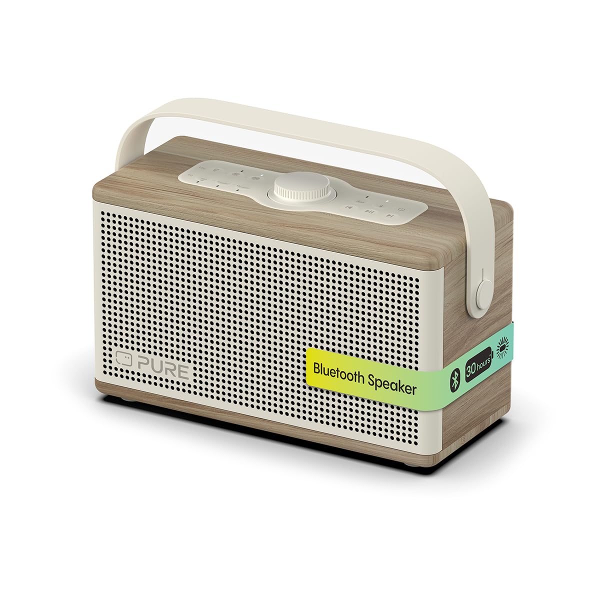 Pure Classic Aura Altavoz Bluetooth portátil 40W con batería 10000mAh, función Powerbank, Luces ambientales, 30h autonomía, USB-C, Entrada AUX, Resistente a Salpicaduras IPX2 – Blanco Algodón/Roble