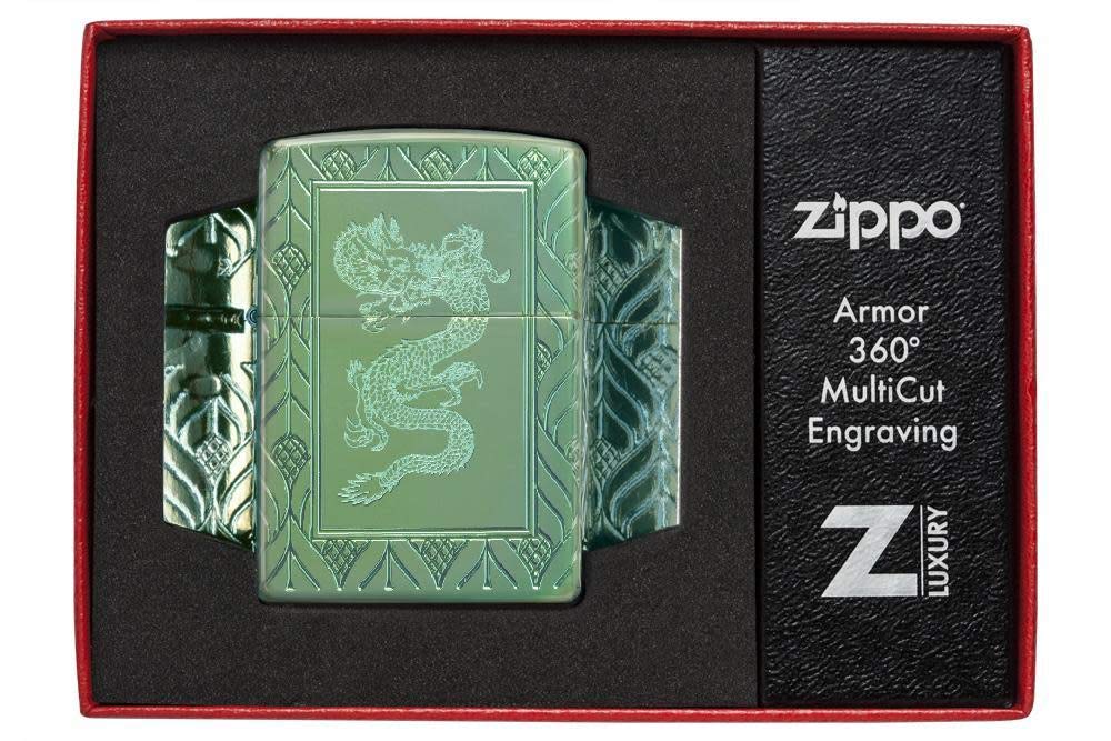 Zippo Elegant Dragon DesignMultiCut/Lustre28129 – Armor HP Green Encendedor, Design, 5,83,81,2 (49054), Armor High Polish Green - Elegant Dragon