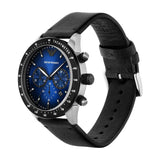 Emporio Armani Reloj Hombre, Movimiento cronógrafo, 43MM Caja de acero inoxidable plateado con correa de piel, AR11522, Negro y azul