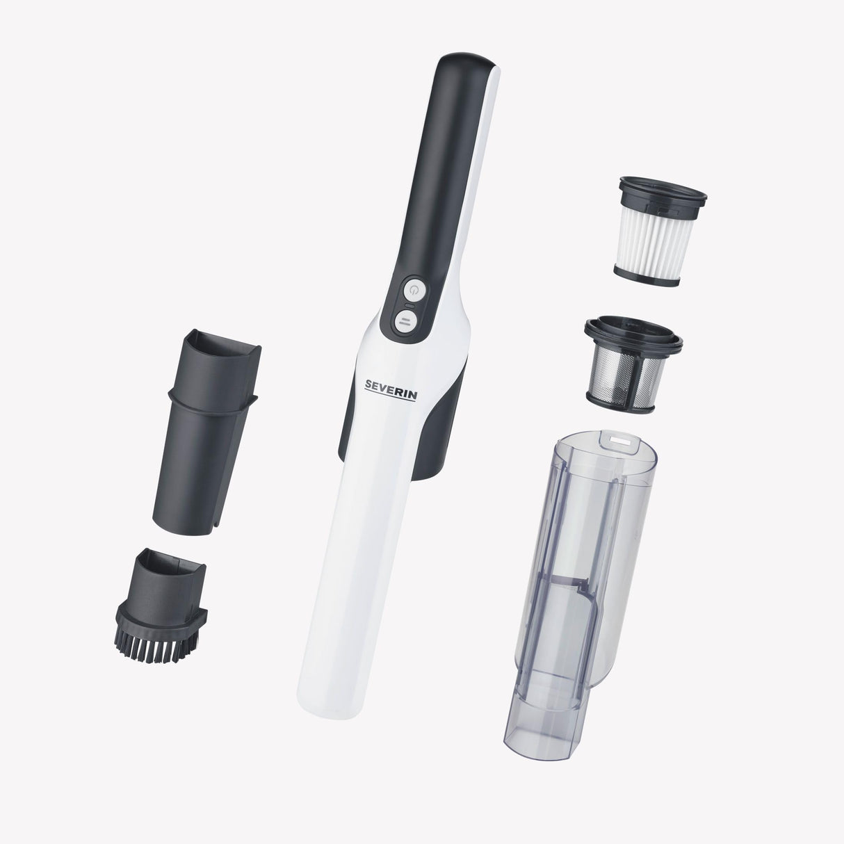 SEVERIN Aspiradora de mano sin cable, aspirador silencioso para pelos con accesorio para muebles y teclados, aspirador pequeño con batería hasta 30 min, blanco/negro mate, HV 7140