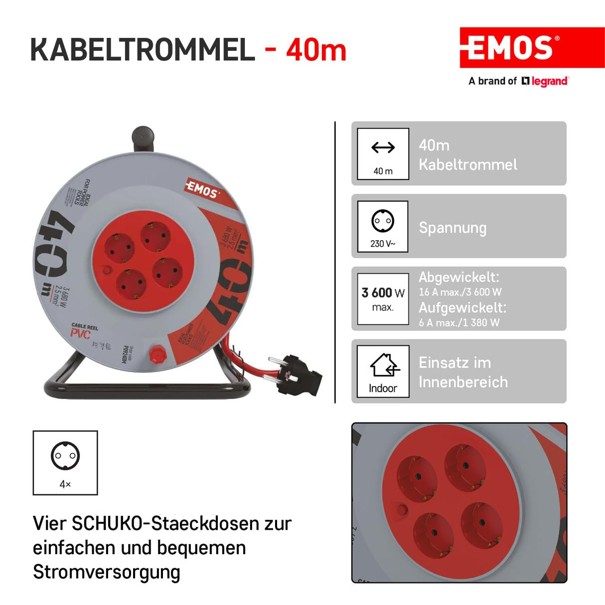 EMOS - Carrete de Cable de 40m con Cable alargador Reforzado - 4 enchufes Schuko - 230 V, 16 A, 3680 W - Aislamiento PVC - H05VV-F3G 2,5 mm2 - Protección contra sobrecalentamiento - IP20 para