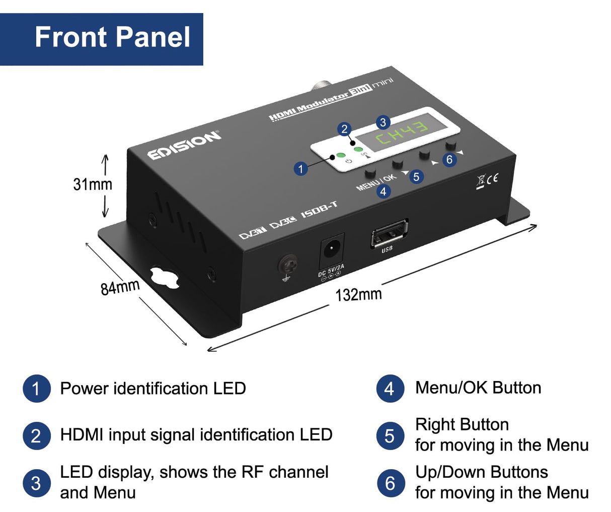 EDISION HDMI Modulator 3in1 Mini, Modulador HDMI a Terrestre DVB-T, ISDB-T o Cable DVB-C, Distribución Full HD sobre Cable Coaxial, Tamaño Mini, Pantalla LED, Instalación rápida, Plug & Play