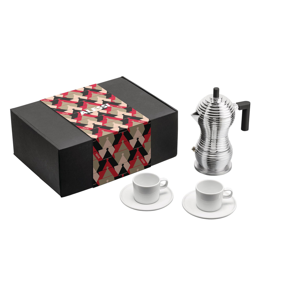 Alessi, Coffee MDL02BSET - Conjunto compuesto por cafetera Pulcina, 2 tazas con platillo, en fundición de aluminio, PA y porcelana, multicolor