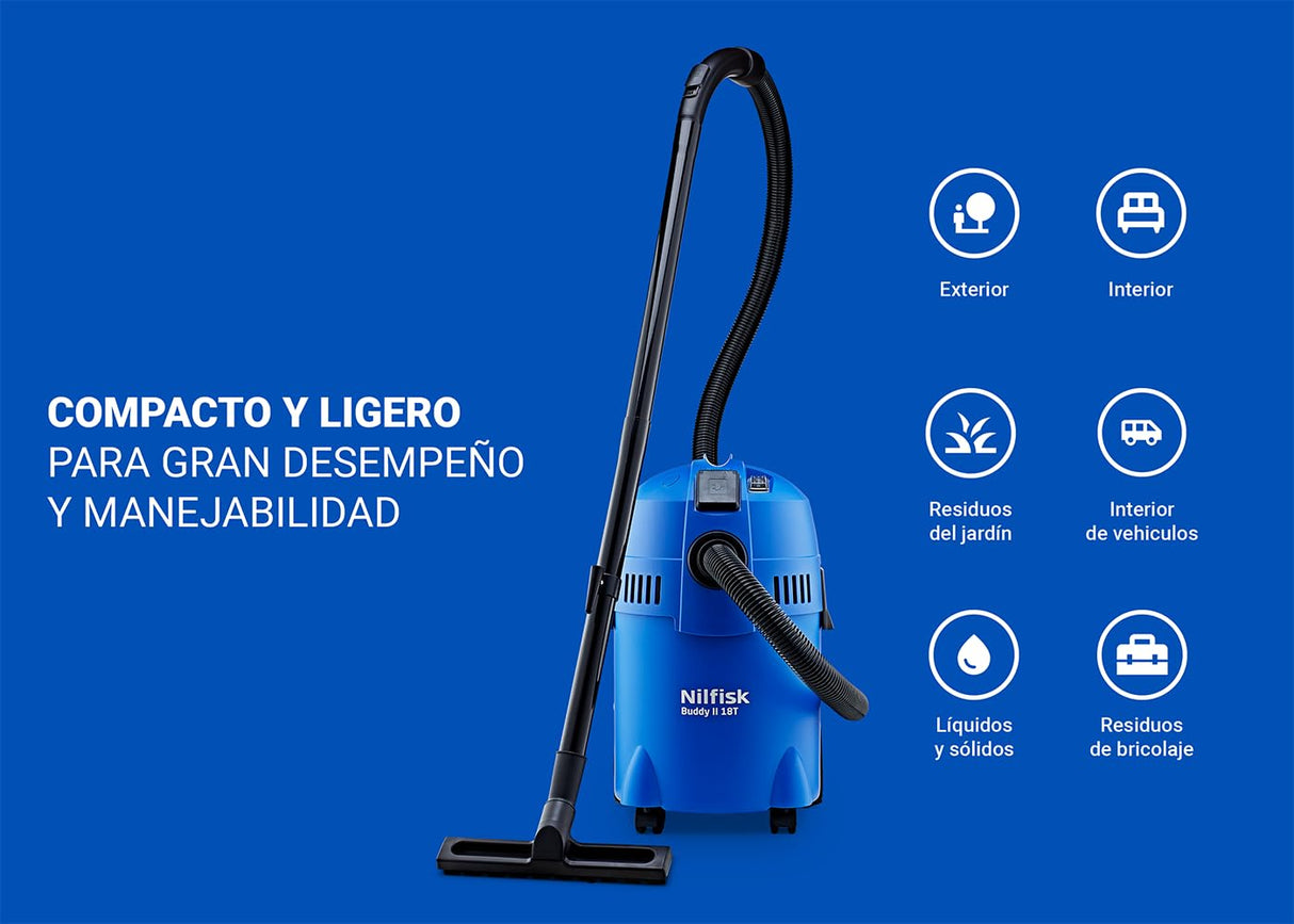 Nilfisk Buddy II 18L T Aspirador de Agua y Polvo - Aspiradora de Bricolaje para Sólidos y Liquidos, Seco y Húmedo, Exterior e Interior (1200 W)