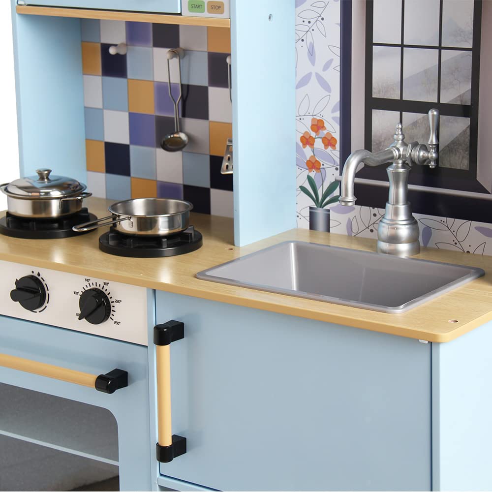 DEQUBE - Cocina de Madera 2 módulos diseño Moderno - Cocina de Juguete con Luces y Sonidos - Contiene Accesorios metálicos para el Juego - Tamaño 72X30X85 cm - Color Azul (913D00013)
