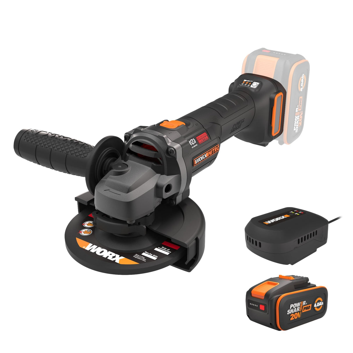 Amoladora angular inalámbrica Worx 20V 125mm | WX814 | potencia equivalente a 1000 W, corte 50% más rápido, diseño compacto, batería de 4,0 Ah y cargador rápido de 2 A incluidos