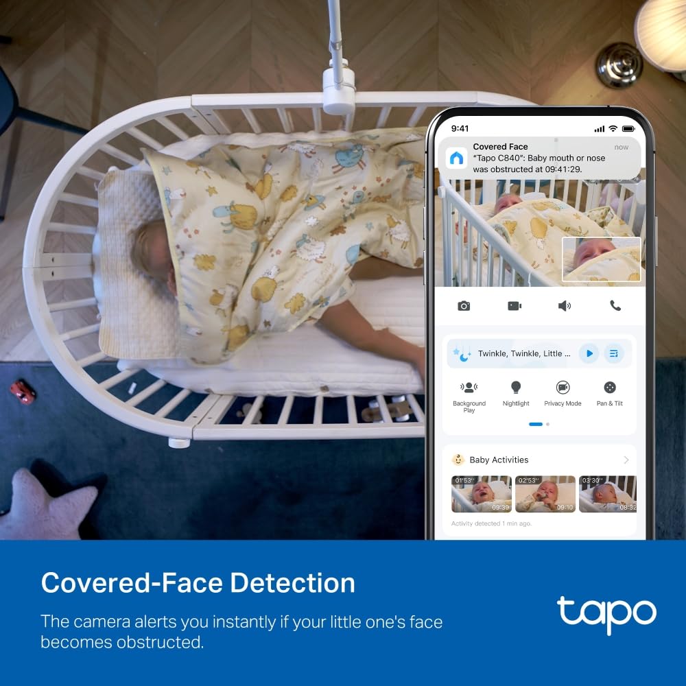 Tapo C840 - Cámara Inteligente de Lentes Dobles – Monitor para Bebé 2 K 4 MP + 1080p, Pan/Tilt, Visión Nocturna Invisible, Detección AI, Audio Bidireccional
