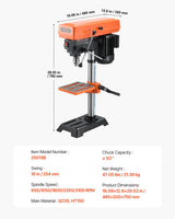 VEVOR Taladro de Banco de 254 mm de velocidad Ajustable de 510/780/1300/1820/2430 RPM con Motor de Inducción de 6,2 A, Mesa Inclinable de 0 a 45°, Luz de Trabajo LED, Taladro para Madera y Metal