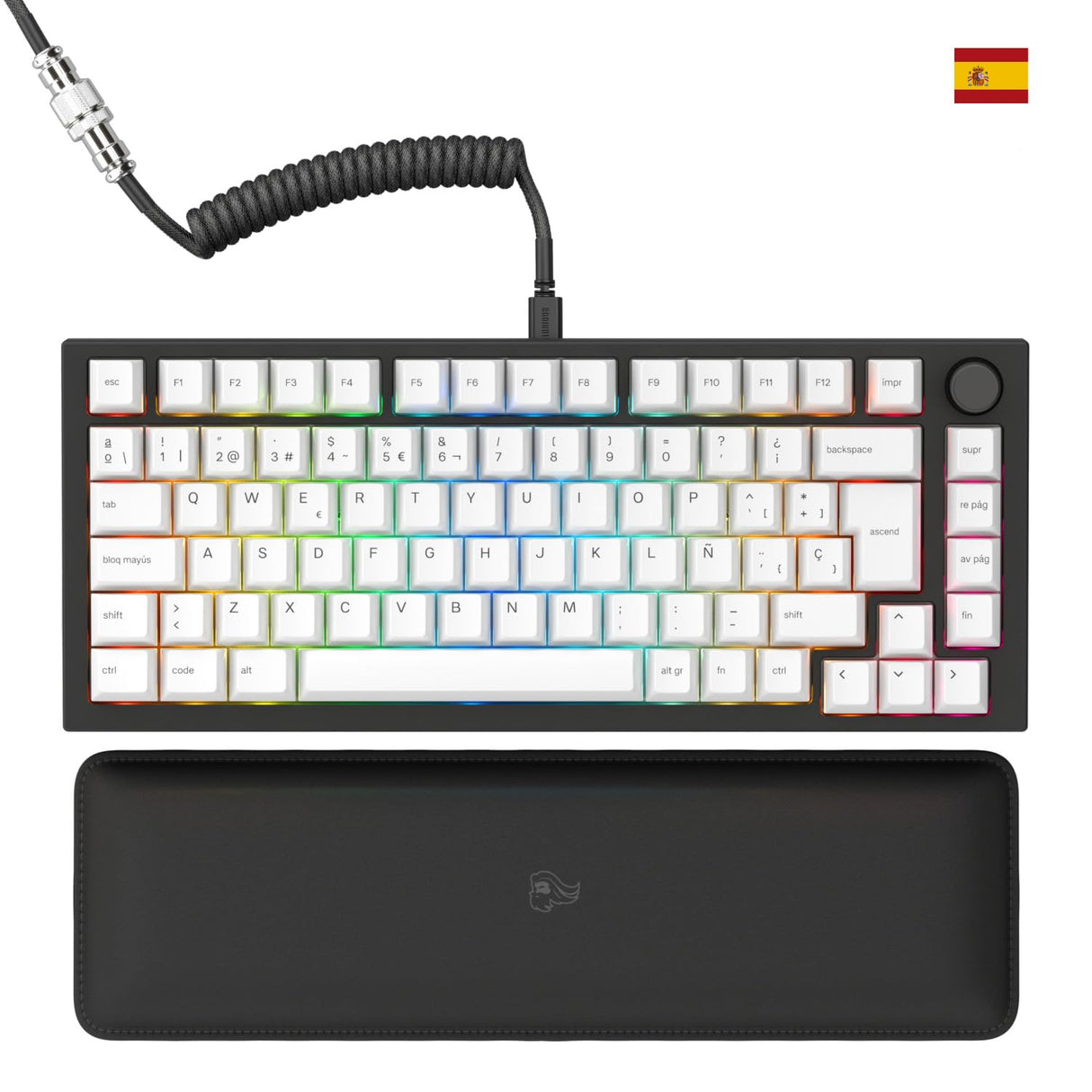 Glorious Gaming GMMK PRO 75% - Teclado gaming mecánico modular, TKL, carcasa de 1,5 kg, personalizable, cable espiral, reposamuñecas, keycaps blancas, RGB, distribuciones QWERTY español - Negro