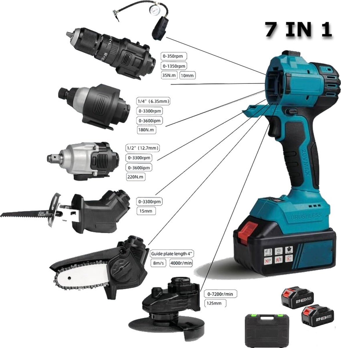ROYALTY LINE, Juego de taladro inalámbrico 7 en 1 con motosierra, bomba de aire, amoladora angular, llave de impacto, 2 baterías de 24 V, bolsa de almacenamiento - Tamaño: Compacto, Color: Azul