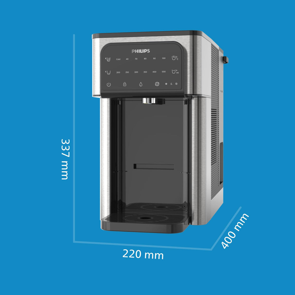 Philips Water Dispensador de Agua Todo en uno, Filtro de Agua Caliente y fría, Capacidad de 2,8 litros, 6 ajustes preestablecidos de Temperatura Pantalla táctil Plateado/Negro