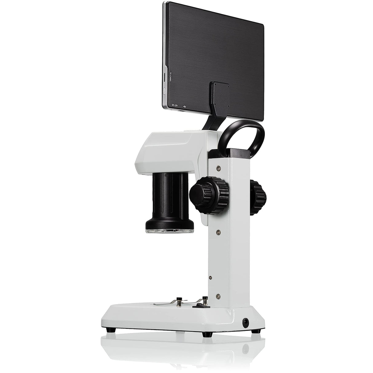 Bresser Microscopio LCD con análisis de luz y luz en 5 Niveles de Brillo, Zoom Continuo (0,7 x – 4,5 x), Pantalla de 22,5 cm y Enfoque Grueso y Fino, Blanco
