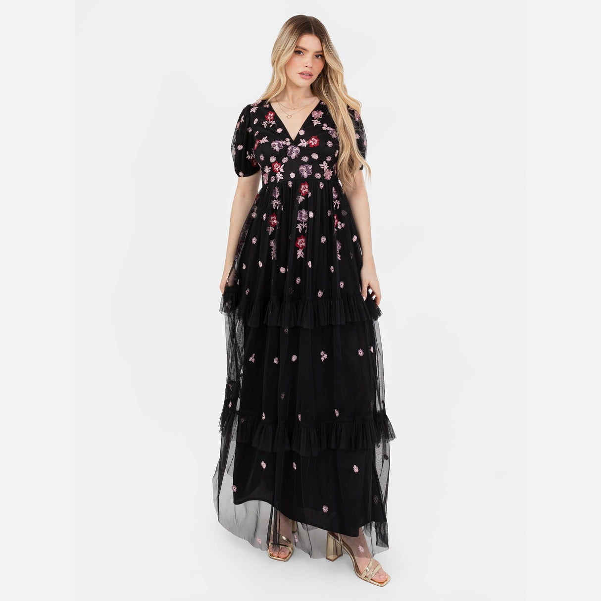 Women's Maxi Dress Ladies V-Neck Short Puff Sleeve Floral Embroidered Tiered Ruffle Tulle A-Line Keyhole Back Evening, Negro 40