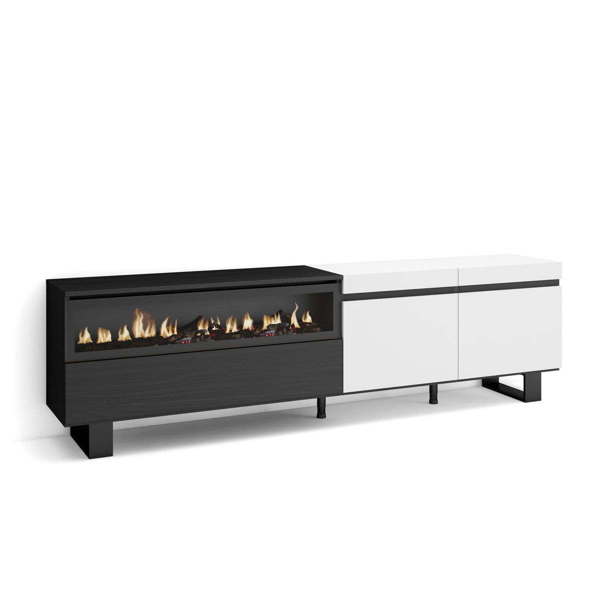 Skraut Home | Mueble TV | Televisión | Muebles de salón, almacenaje | 200x57x35cm | para TV hasta 80" | Chimenea eléctrica | Diseño Industrial | Estilo Moderno | Blanco y Negro