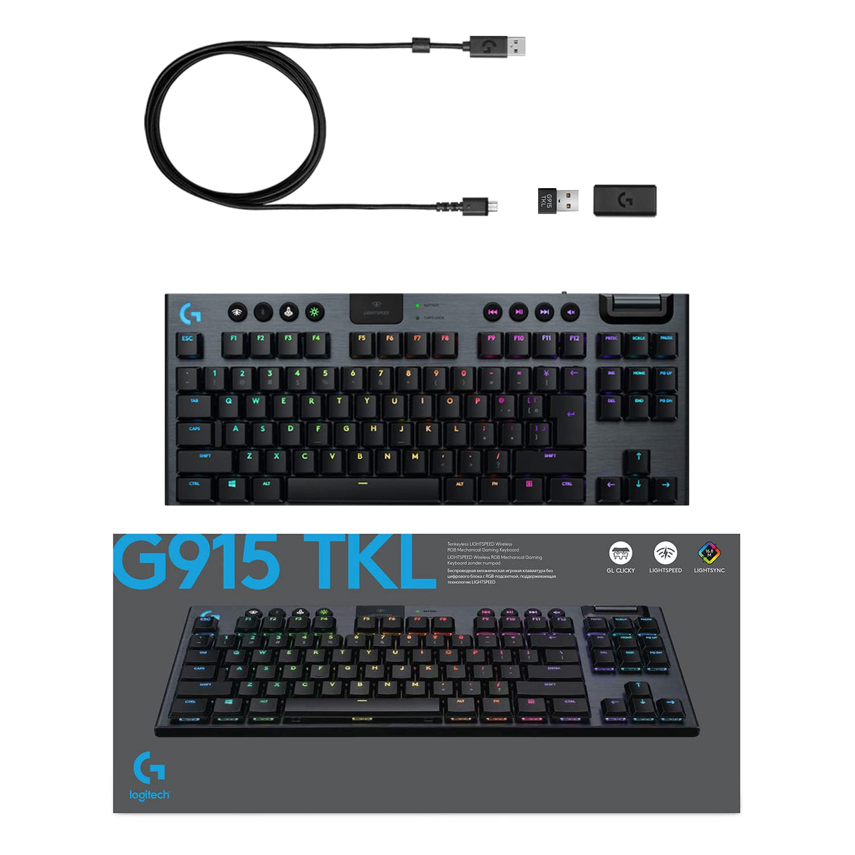 Logitech G915 LIGHTSPEED TKL Teclado Gaming Mecánico Inalámbrico con teclas GL-Táctil de bajo perfil, LIGHTSYNC RGB, Diseño ultradelgado, 40+ Horas duración de Batería, Disposición QWERTY US - Negro