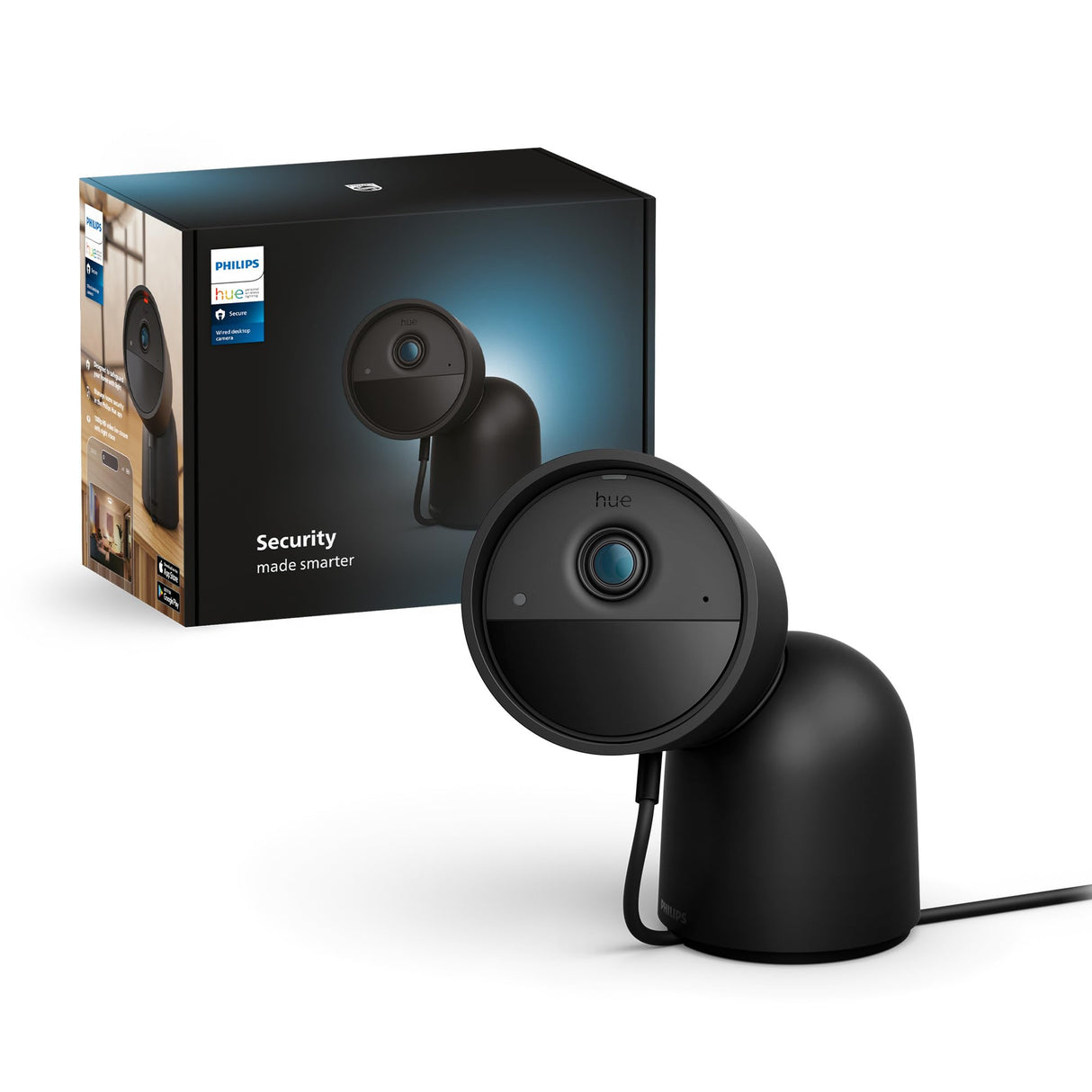Philips Hue Secure Cámara de Video Vigilancia Inteligente con Base, para Exteriores o Interiores, Versión con Cable, Full HD Video, Control de Seguridad e Iluminación en Una Sola App, Negro