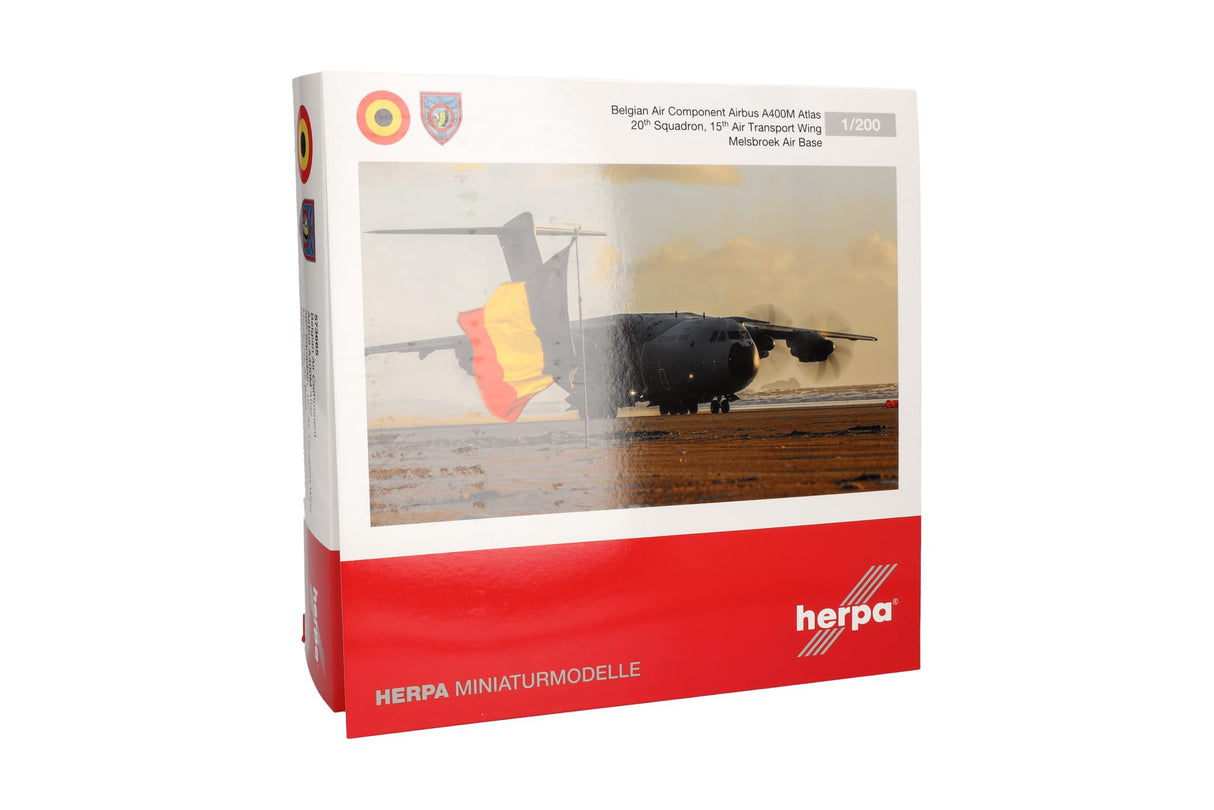 Herpa Modelo reducido avión Belgian Air Component Airbus A400M Atlas – 20th Sqn, 15th Air TW, Melsbroek AB – CT-02, Miniatura a Escala 1:200, Pieza de colección, Modelo de avión sin Base, Metal