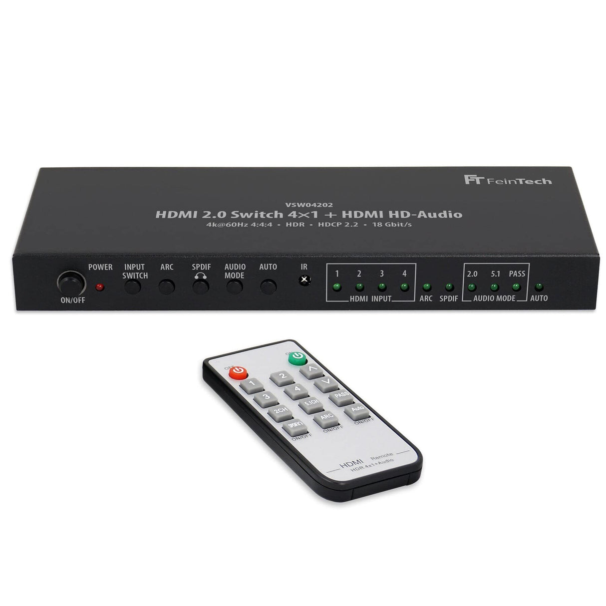 FeinTech VSW04202 HDMI 2.0 Switch Conmutador (4 entradas, 1 Salida + 1 Salida de Audio HD 7.1 Dolby Atmos 4K 60 Hz HDR)