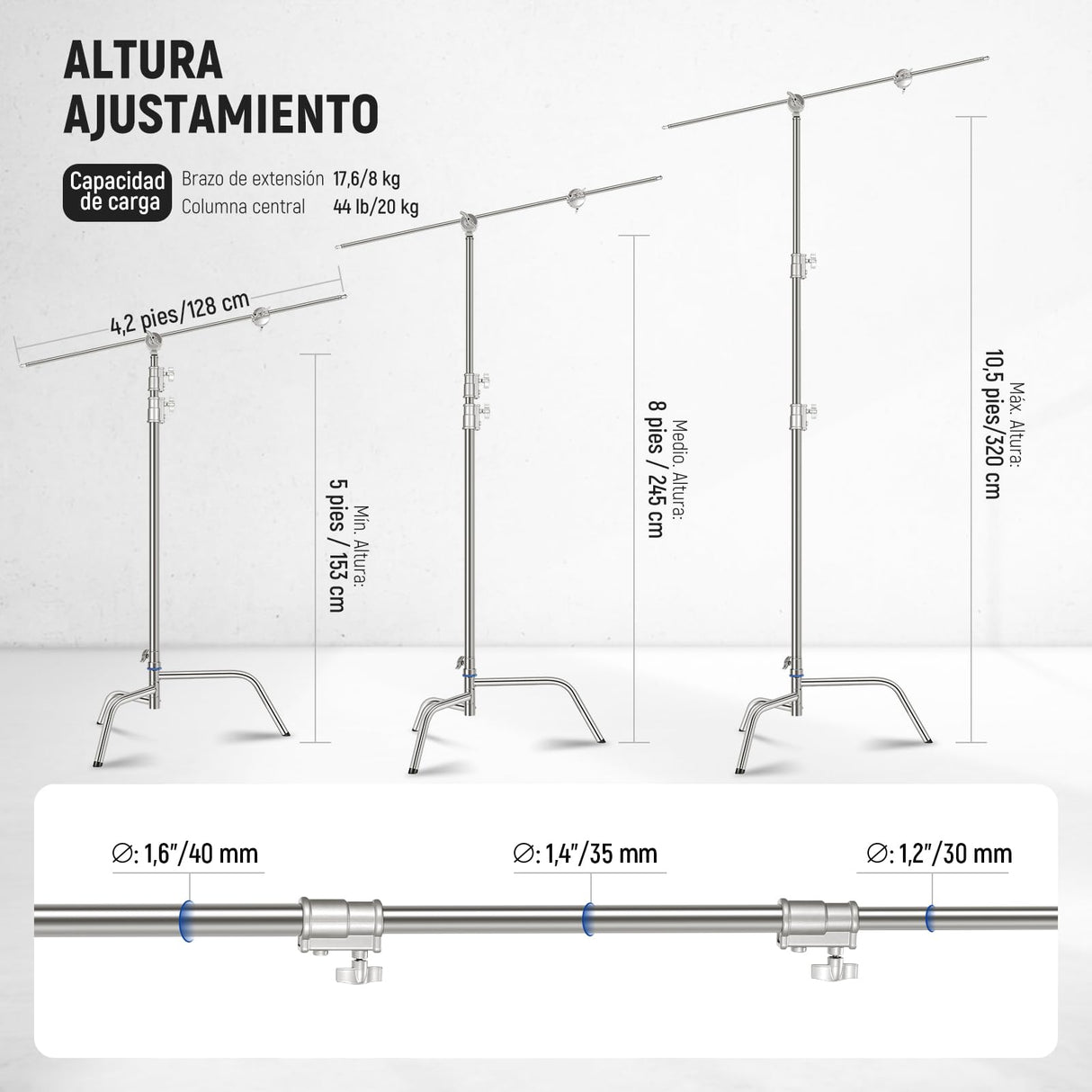 NEEWER Soporte C de Acero Inoxidable de 3,2m con Brazo de Pértigaa, Varilla Central más Gruesa, Carga Máxima 20kg, Fotografía Luz Soporte con Brazo de 1,27m para Monolight Softbox, SC320Q