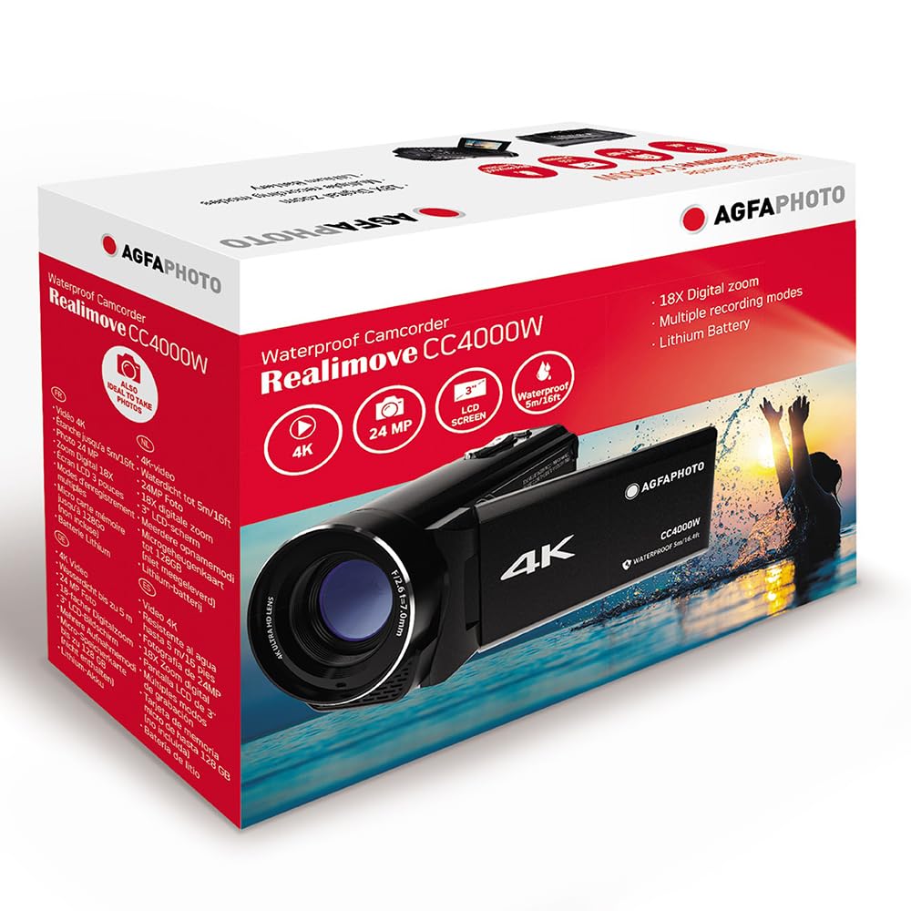 Agfa Photo Realimove CC4000W - Videocámara 4K Resistente al Agua con Pantalla táctil de 3", Zoom Digital de 18x, vídeo 2,7K, Foto 24 MP, LED, batería de Litio - Negro