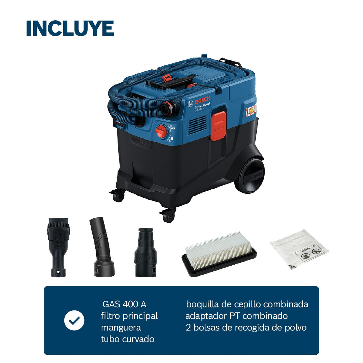 Bosch Professional aspirador universal GAS 400 A (1200 W, limpieza automática del filtro (AFC), con filtro principal, manguera, adaptador PT, tubo curvado, 2 bolsas de recogida de polvo)
