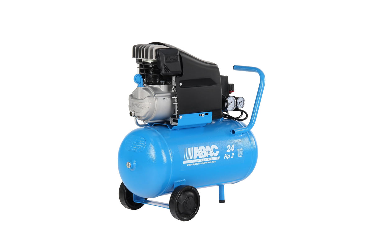 ABAC Pole Position L20 Compresor de Aire, 24 Litros Compresor de Aire, Manómetro Doble, Presión Max. 10 Bar, Inyección de Aceite, Ruedas de Transporte, Potencia 2 HP Azul Claro