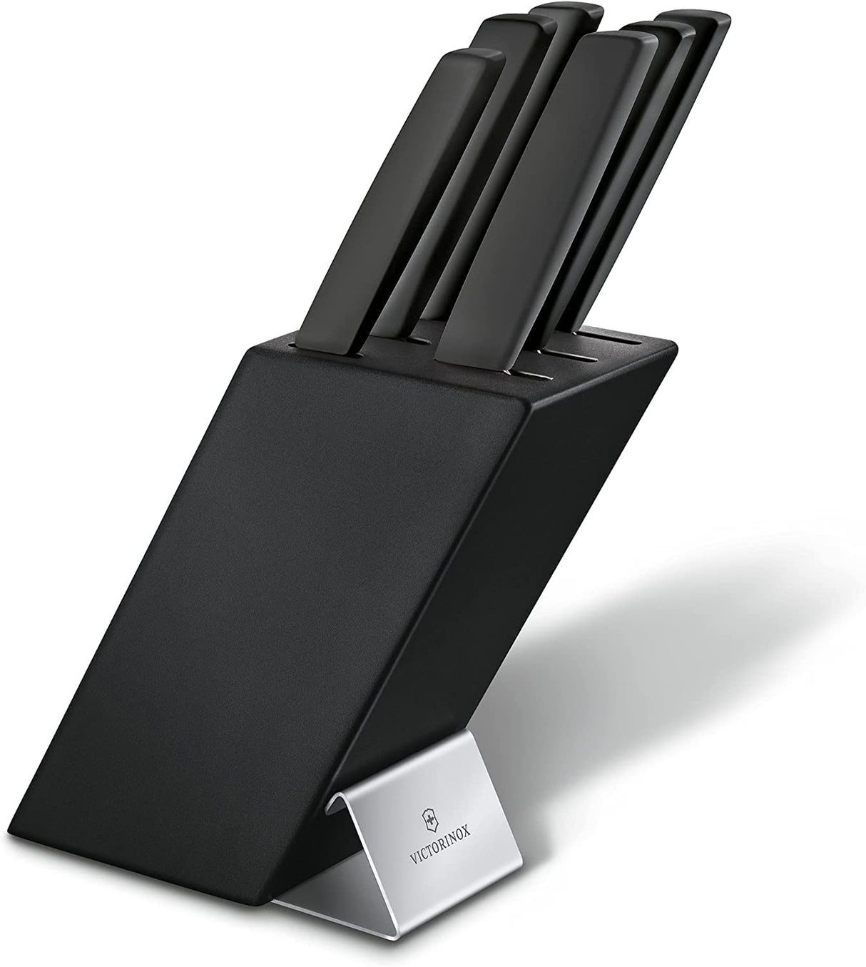 Victorinox Swiss Modern Soporte para 6 cuchillos, incluyendo 5 cuchillos de cocina y 1 tenedor, fabricado en madera de haya lacada en negro