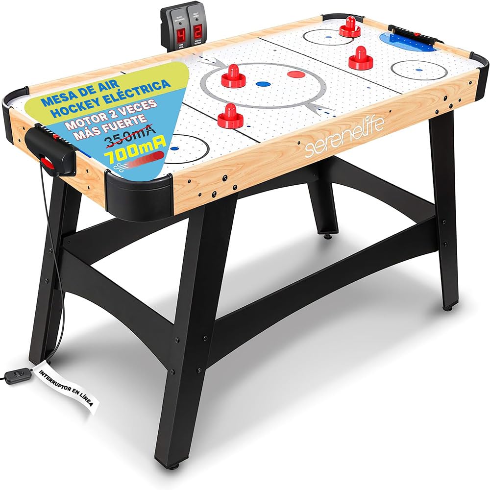 Serenelife mesa de hockey de aire de 58”, Motor dos veces mas fuerte, Marcador de puntos LED digital, Dispensador de discos