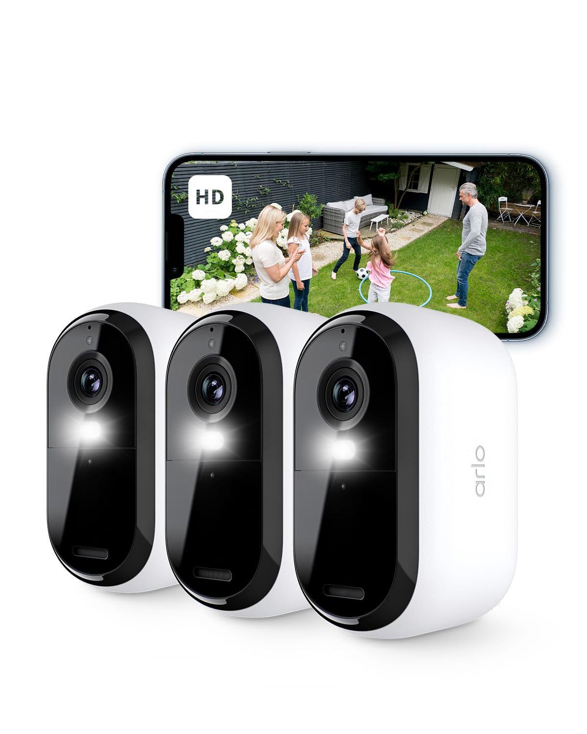 Arlo Essential 2 Camara Vigilancia WiFi Exterior HD, Camara Vigilancia WiFi Interior, Sensor de Movimiento, Alarmas Para Casa, Visión Nocturna En Color, Prueba Arlo Secure Incluida, 3 Cámaras, Blancas