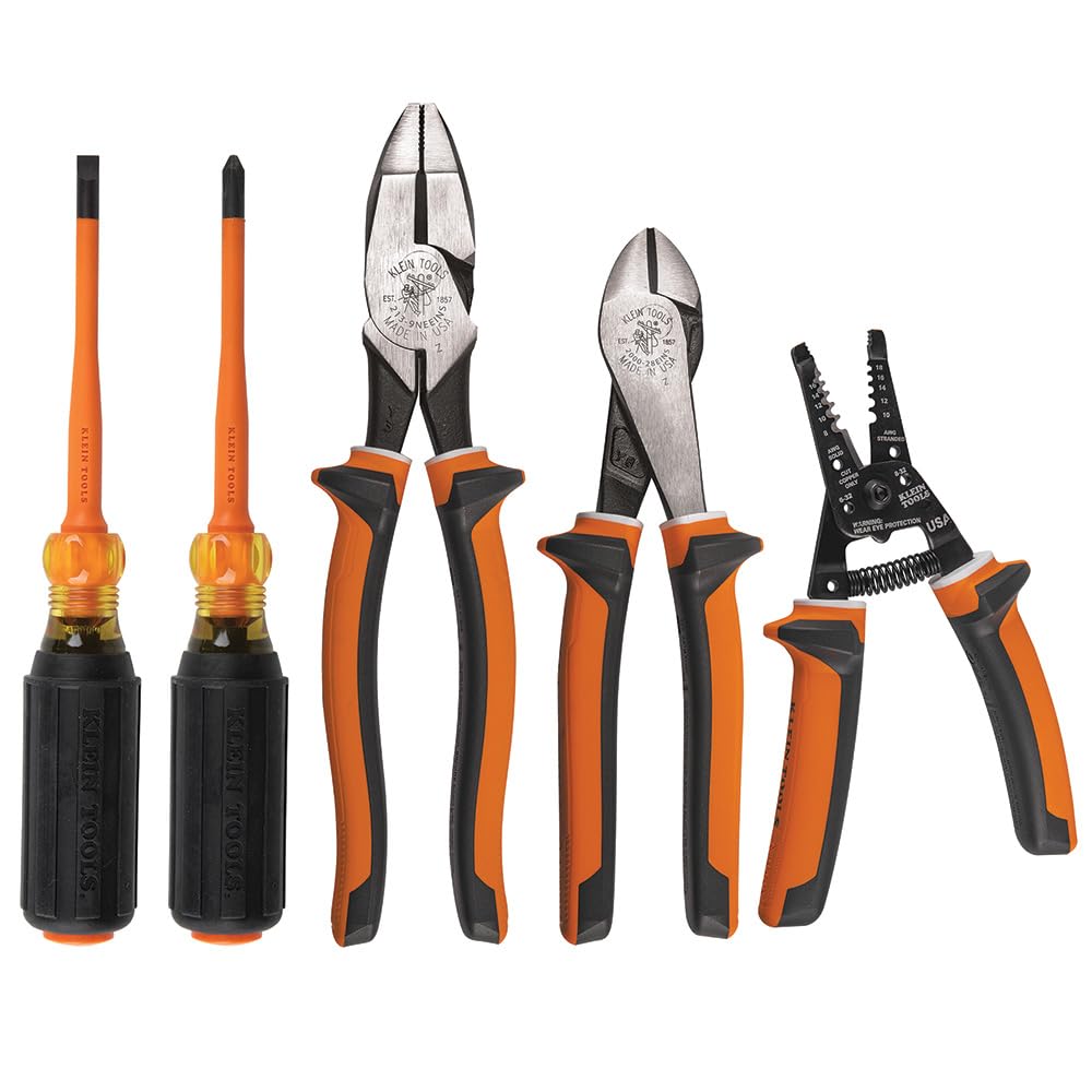 Klein Tools 94130 - Juego de herramientas de destornillador aislado, 1000 V con Phillips #2 y puntas delgadas de gabinete de 1/4 pulgadas, 2 alicates y pelacables, Klein Tools