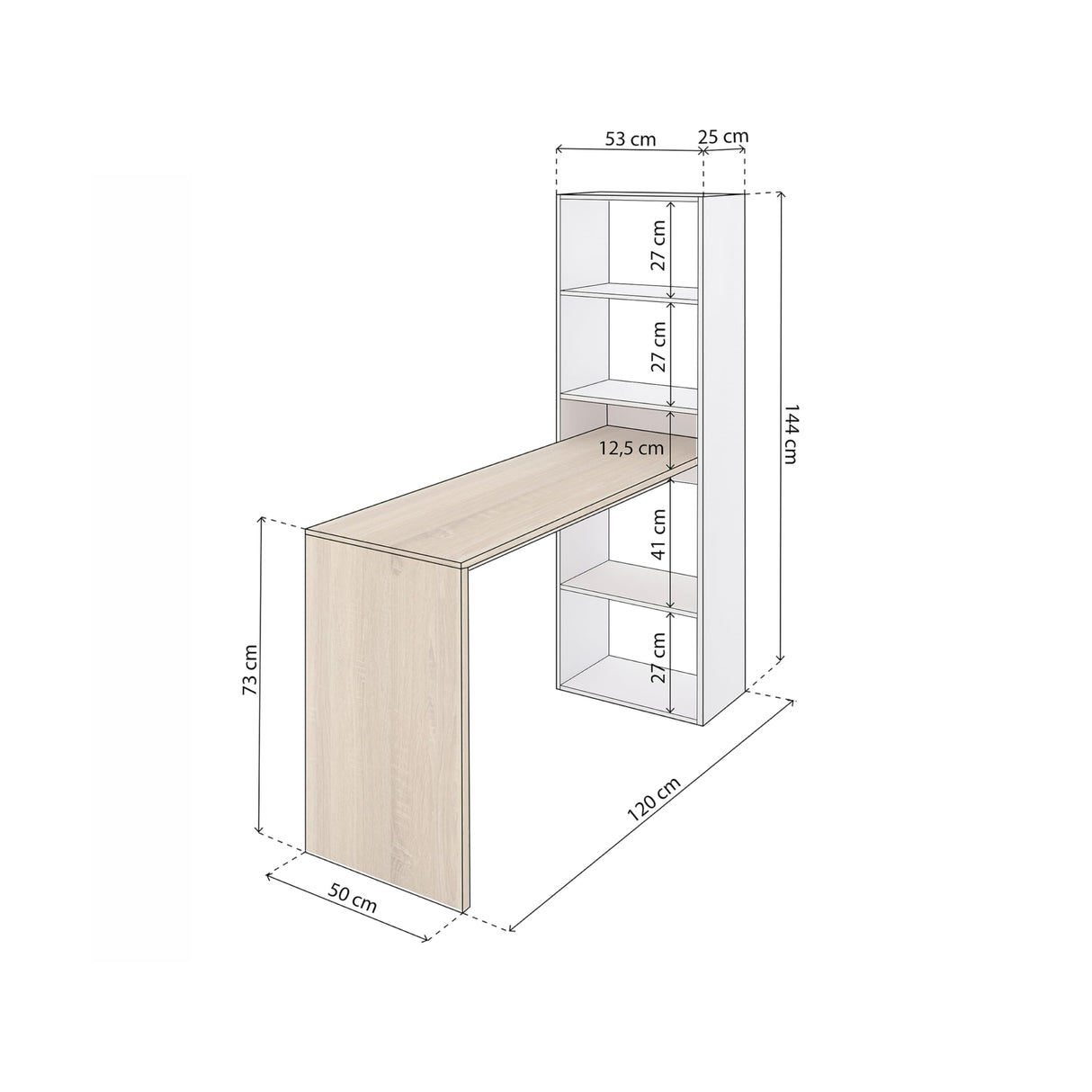 duehome | Escritorio Juvenil con Estanteria Reversible, Mesa de Ordenador, Modelo Cosmic, Acabado en Blanco Artik y Roble Canadian, Medidas: 120 cm (Largo) x 53 cm (Ancho) x 144 cm (Alto)