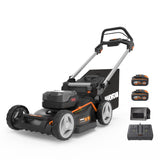WORX - Cortacésped sin escobillas inalámbrico 20V-2*20V -4Ah - WG748E - Ø46cm - Hasta 500m² con una carga (Corta hasta los bordes, entregado con 2 baterías, un cargador, bolsa de 55 L, mulching)