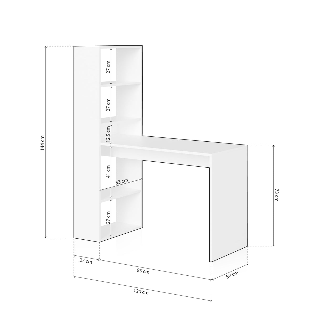 Habitdesign Mesa de Ordenador, Escritorio con Estanteria Reversible, Blanco Artik, Modelo Duplo, Medidas: 120 cm (Ancho) x 53 cm (Fondo) x 144 cm (Alto)
