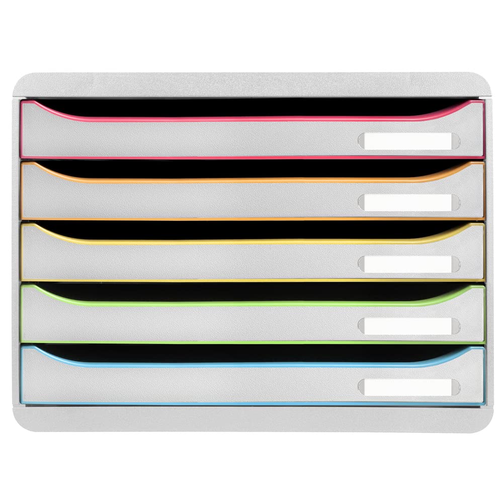 Exacompta - Ref. 308913D - BIG-BOX PLUS HORIZON - Caja de 5 cajones para documentos A4+ - Dimensiones exteriores: profundidad 27 x ancho 35,5 x altura 27,1 cm - Blanco/Arlequin/Blanco