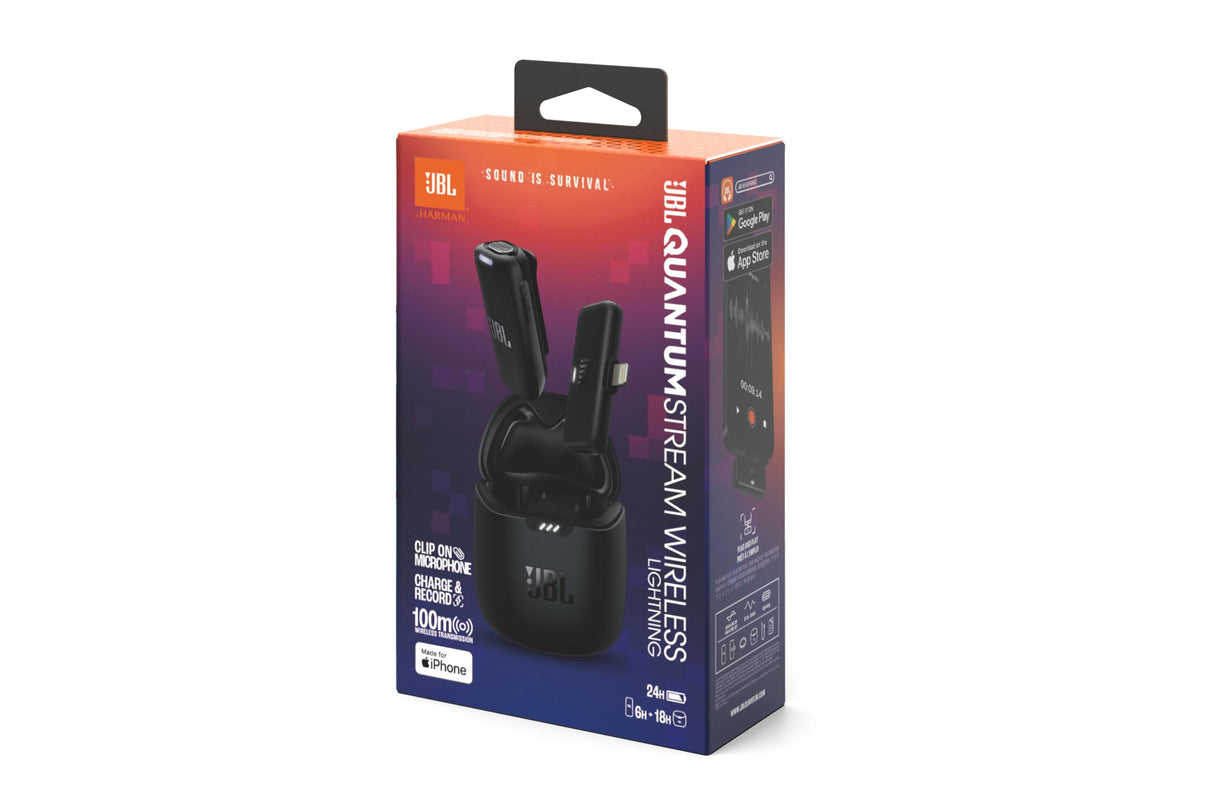 JBL Quantum Stream Wireless, micrófono inalámbrico portátil para streaming y dongle lightning para dispositivos Apple, con 24 horas de grabación, en negro