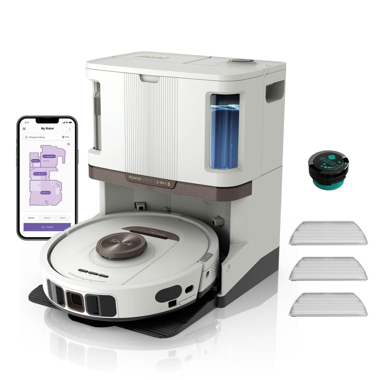 Shark PowerDetect Robot Aspirador y mopa 2 en 1, Base NeverTouch Pro con Limpieza, Carga y Vaciado automáticos, 60 días, navegación 3D y LiDAR, NeverStuck, WiFi/App, Blanco RV2800ZEEUWH