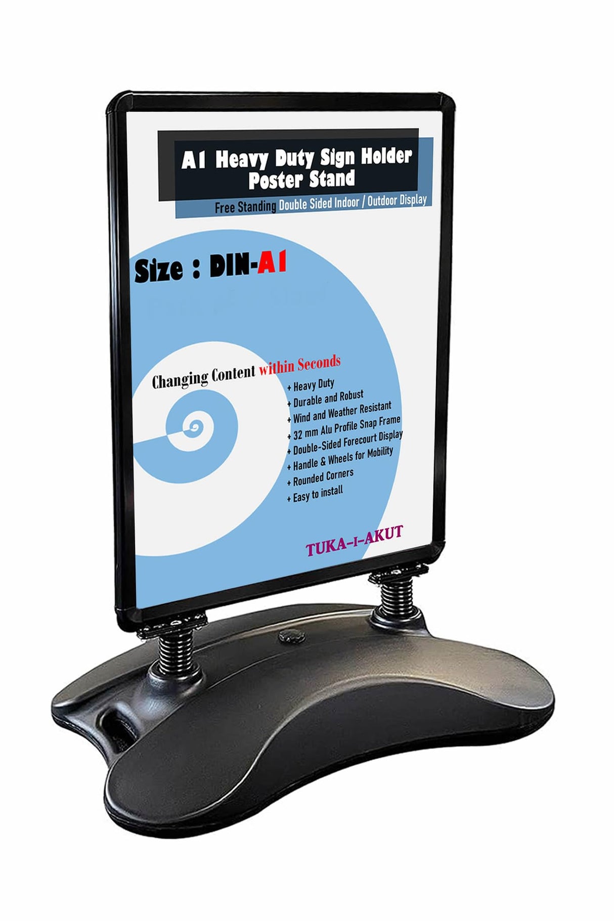 TUKA-i-AKUT DIN A1 Soporte para Carteles, Doble Cara, Robusto Expositor de Póster con Ruedas y Marco de Aluminio, Base Resistente, Soporte Publicitario Estable Interiores y Exteriores, TKD8425 Negro