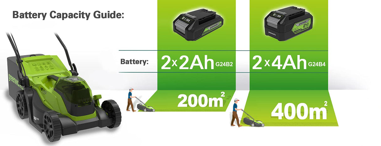 Cortacésped sin cable Greenworks GD24X2LM36K2x (Li-Ion 2x24V 36cm anchura hasta 250m² 40L recogedor de hierba 5 regulaciones altura de corte con batería de 2x2Ah y cargador de doble ranura)