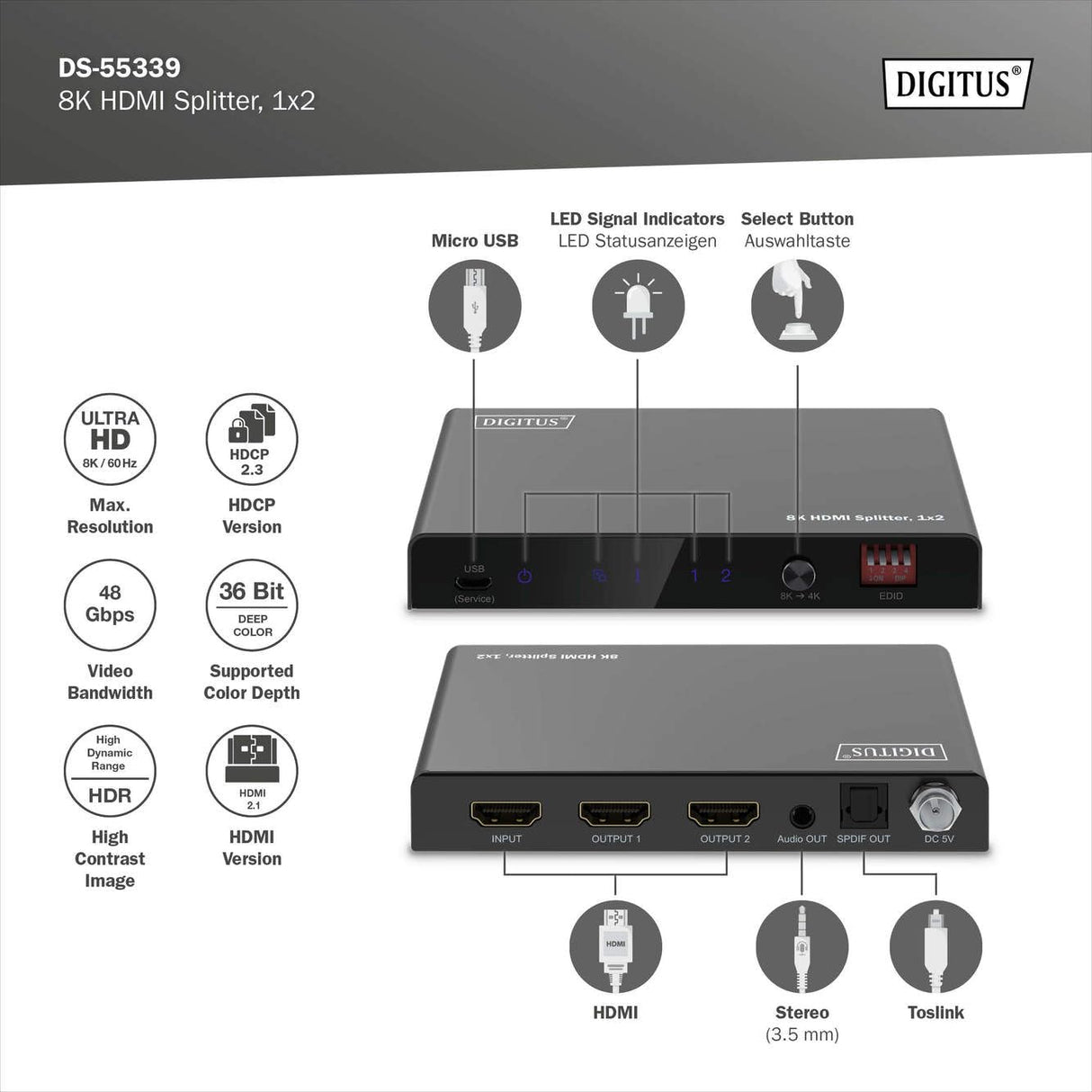 DIGITUS DS-55339 Divisor HDMI 1x2 – Entrada: 1 Puerto/Salida: 2 Puertos – UHD 8K/60 Hz HDTV: 7680 × 4320p – HDCP 2.3 & HDMI 2.1 – HDR, Deep Color, Interruptor EDID – Toslink, Estéreo (3,5 mm)