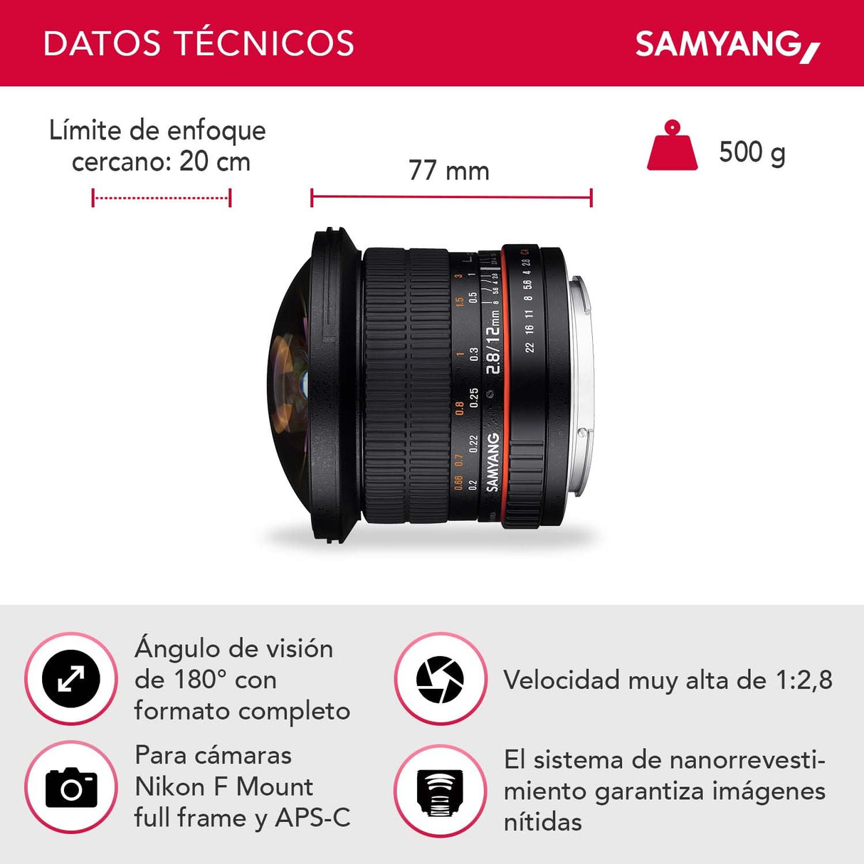 Samyang F1112103101 - Objetivo fotográfico DSLR para Nikon F Ae (Distancia Focal Fija 12mm, Apertura f/2.8-22 ED AS NCS, Ojo de Pez), Negro
