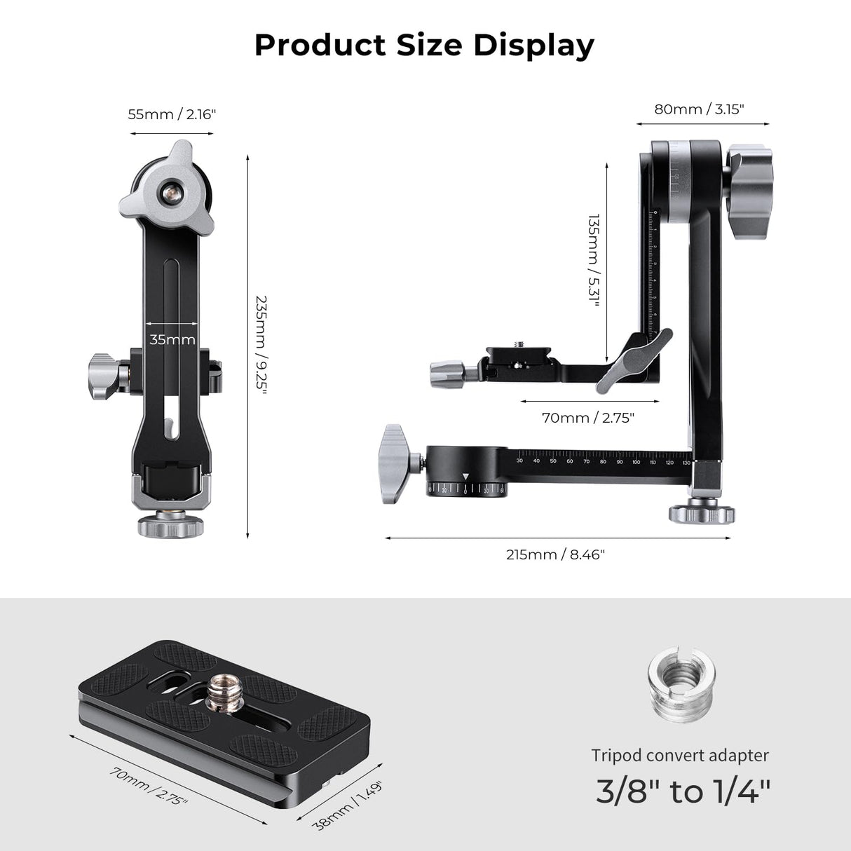 K&F CONCEPT Cabezal de Trípode Cardán, Panorámico de 360° de Aleación de Alta Resistencia con Placa de Liberación Rápida Arca-Swiss de 1/4 de Pulgada para Cámaras, Capacidad de Carga 20 KG