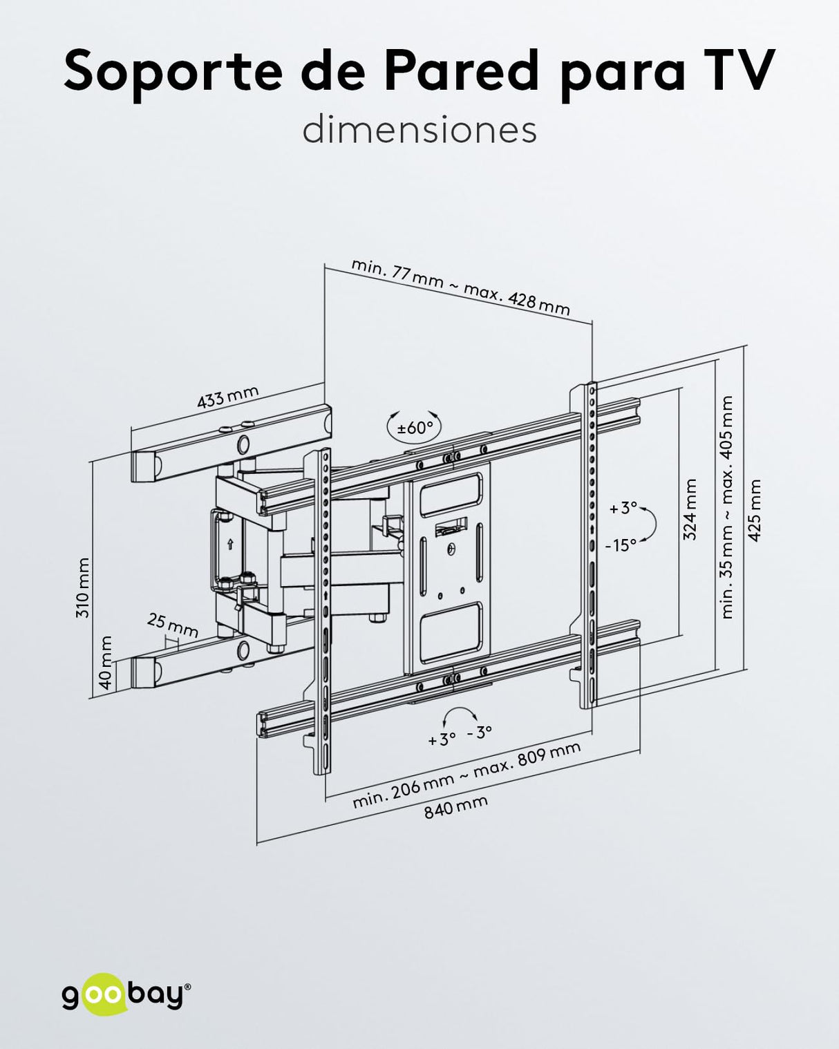 goobay 49746 Soporte de Pared para TV Pro FULLMOTION (XL) 43 a 100 Pulgadas (109-254 cm) Totalmente móvil, Giratorio/inclinable, 60 kg, estándar Vesa, Negro