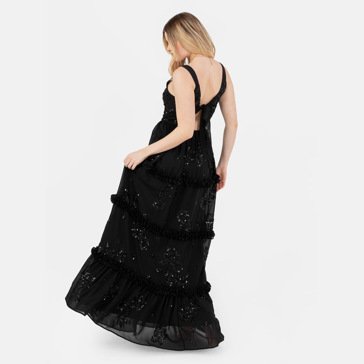 Maya Deluxe Women's Maxi Dress Ladies Sleeveless V-Neck Sequin Embellished Floral Ruffle Chiffon A-Line Open Back Tie Prom Ball Gown, Black, 38