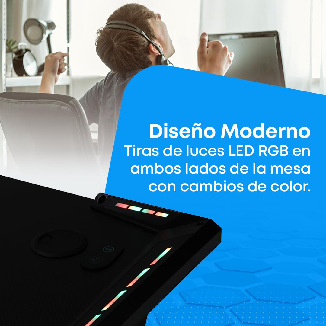 NK Mesa Escritorio Gaming con LED (120x60cm) - Portavasos y Botellas, Soporte Auriculares/Cascos, Gestión de Cables, Gaming Desk, Tabla 1.5cm (Resistencia) Peso Máximo 100kg (Rosa)